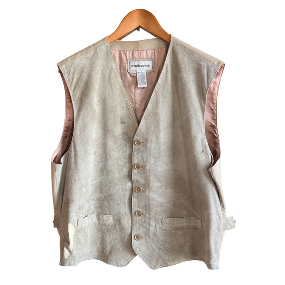 90s VTG Claiborne Mens Tan Suede Leather Vest Button Front Pockets L